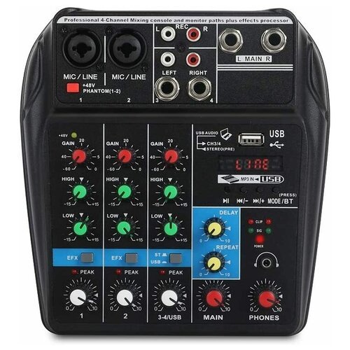 XTUGA A4 4Channels Audio Mixer Sound Mixing Console with Bluetooth USB Record 48V Phantom Power Monitor Paths Plus Effects