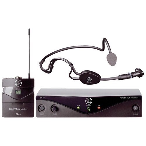 AKG Perception Wireless 45 Sports Set BD U2 радиосистема с микрофоном с оголовьем C544L, 1хSR45 стационарный приёмник, 1хPT45 поясной передатчик, универсальный б/п, 1хАА батарея